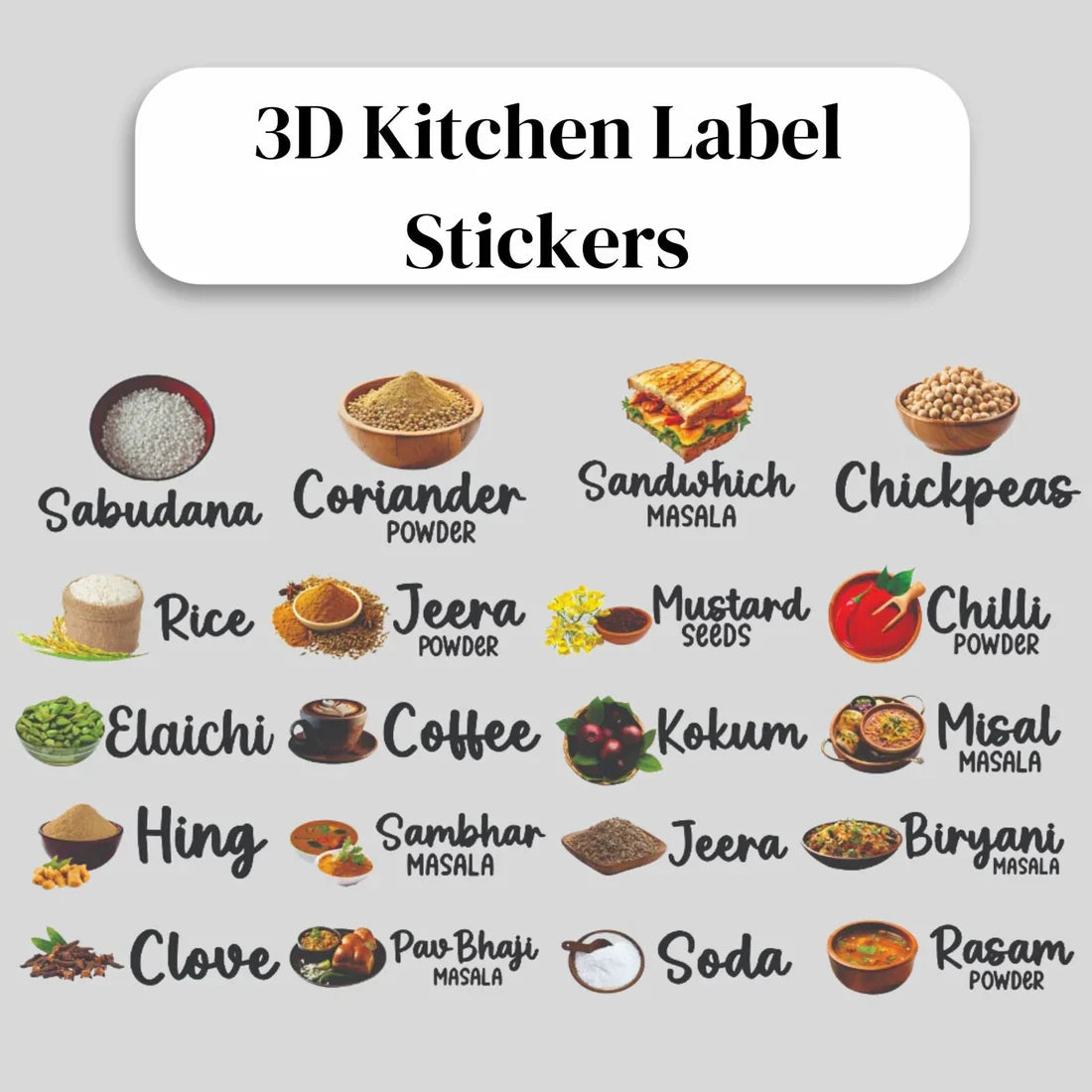 3D Kitchen Label Stickers Set (81 PCS) – Waterproof Masala & Pantry Jar Labels for Container Organization