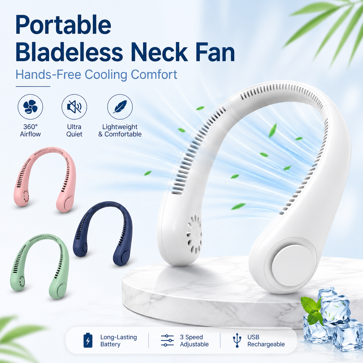 Portable Bladeless Neck Fan – Rechargeable Hands-Free Cooling Fan for Summer, Travel, Office & Outdoor Use